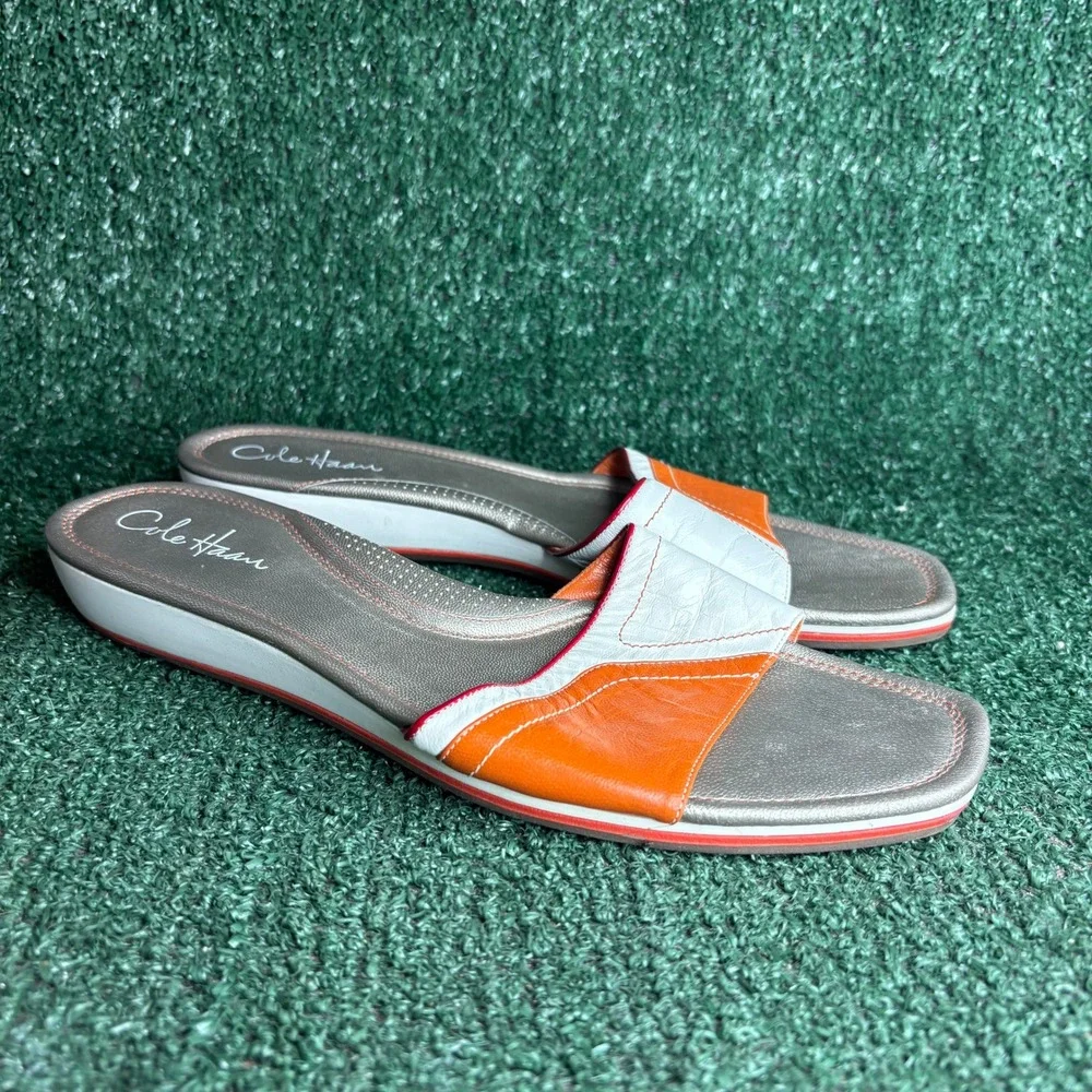 Cole Haan Air Ibiza Leather Colorblock Slide Sandal Orange White Womens Size 10B